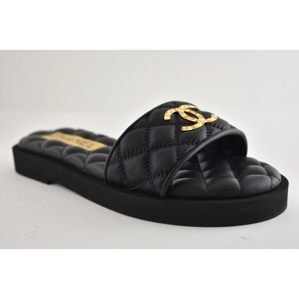 Chanel REV Black Quilted Leather Gold Logo Mule Slide Sandal Flip Flop Flat 35 - Picture 5 of 16